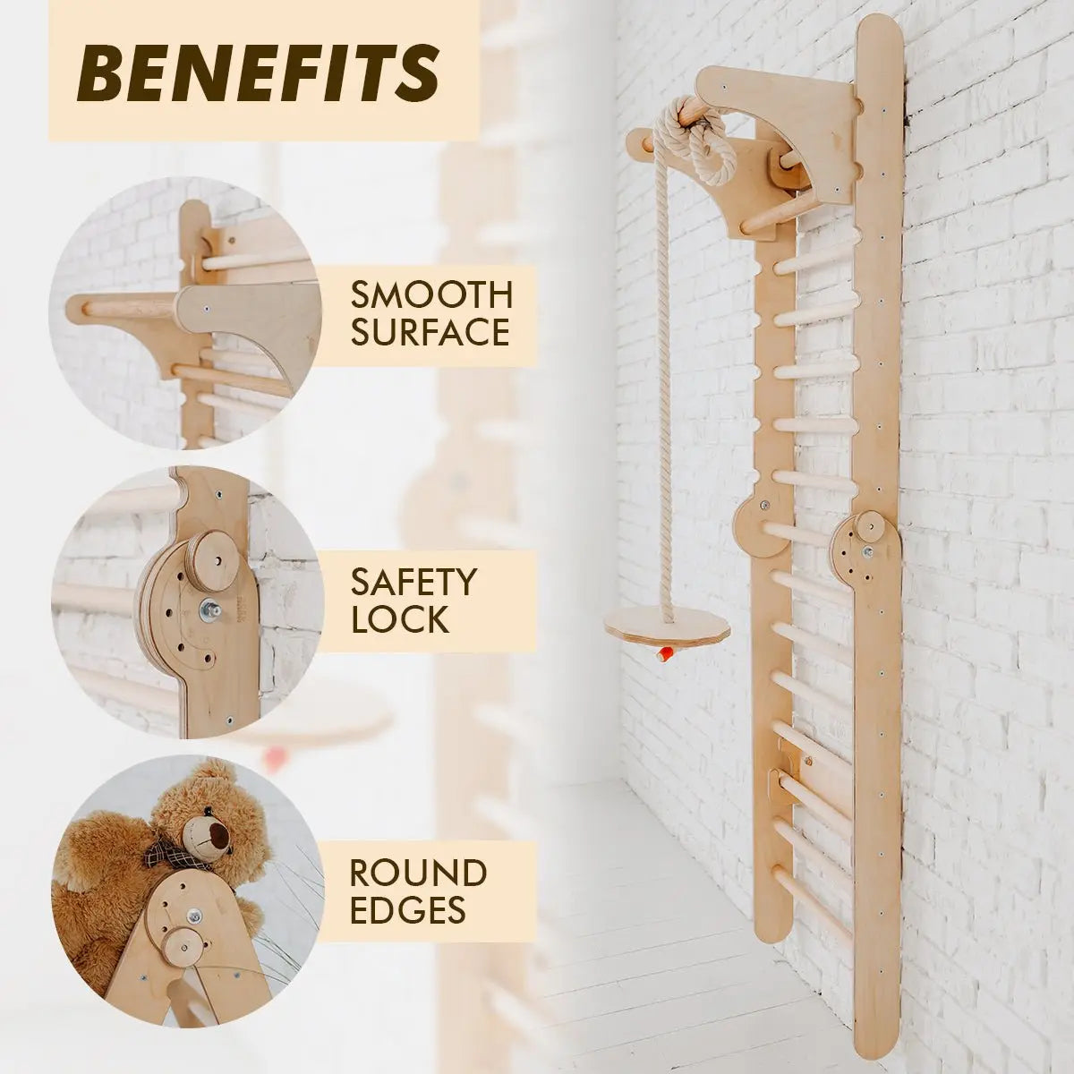 Houten Zweedse Muur / Klimladder voor kinderen + Schommelset + Glijplank + Kunst-uitbreiding.