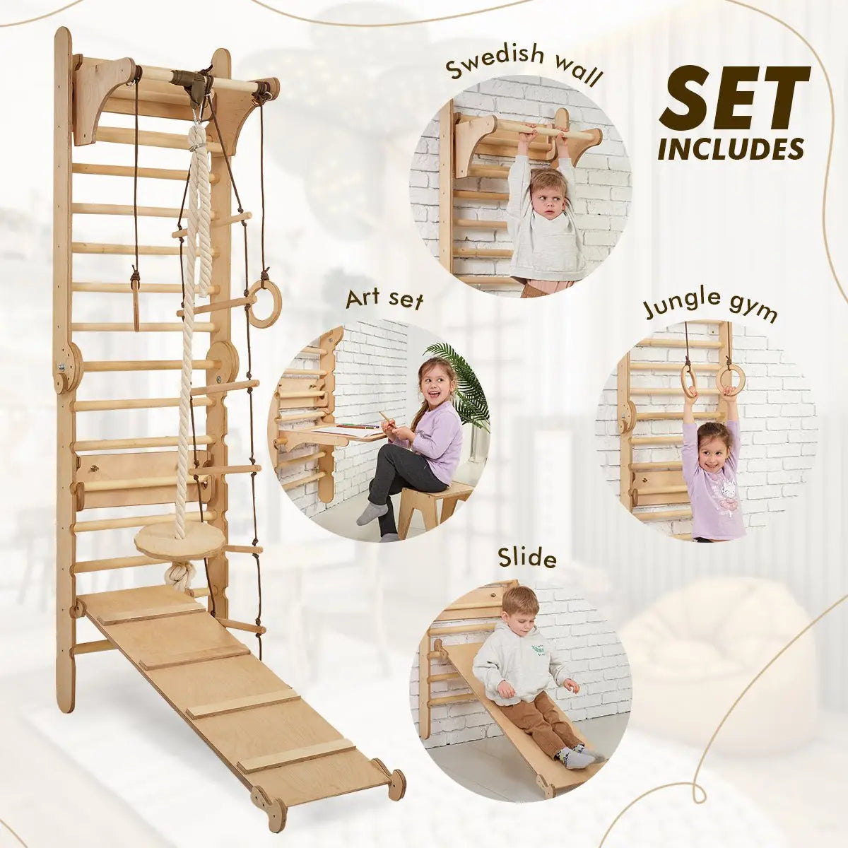 Houten Zweedse Muur / Klimladder voor kinderen + Schommelset + Glijplank + Kunst-uitbreiding.