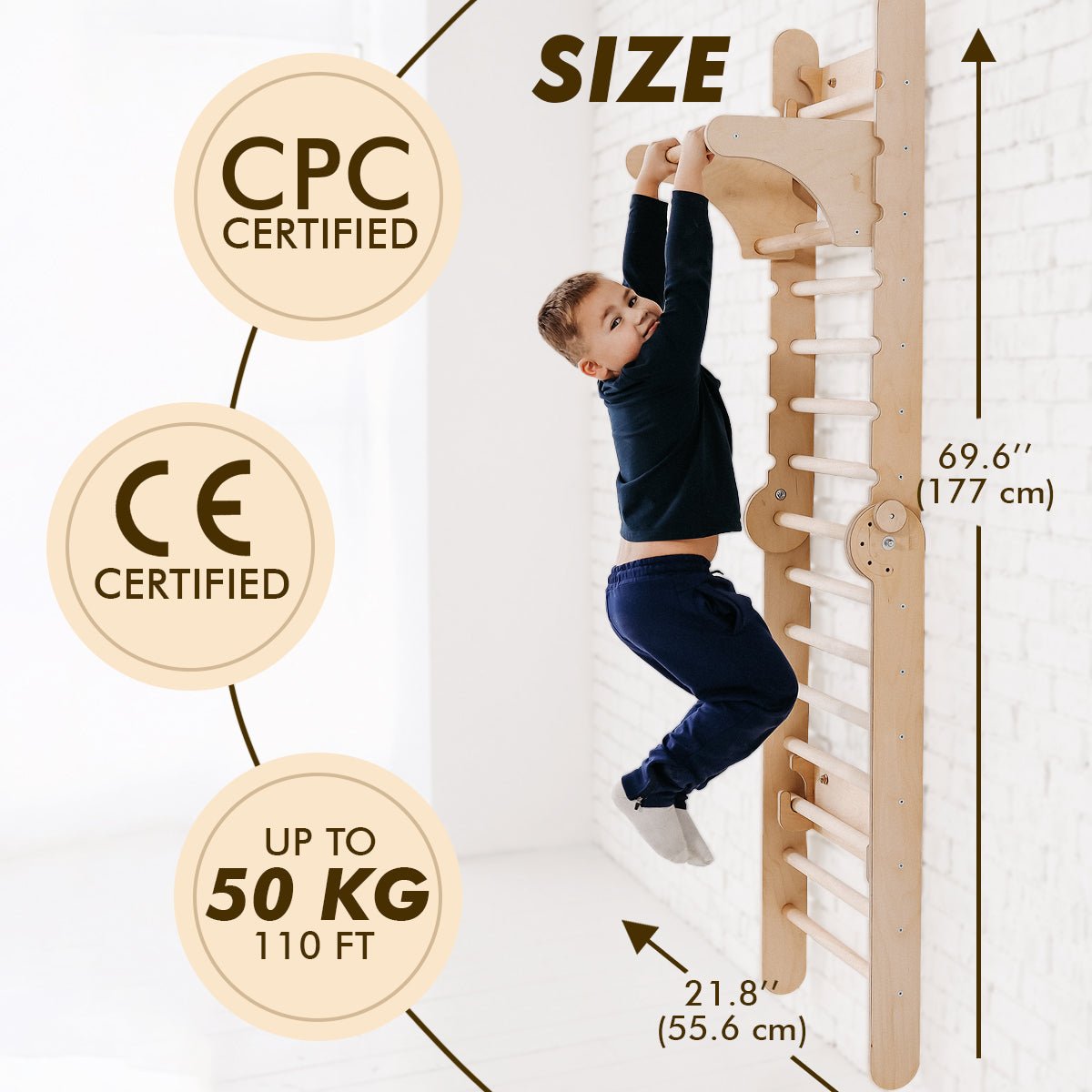 Parete svedese in legno / Scala da arrampicata per bambini + Set altalena + Scivolo + Accessorio artistico.