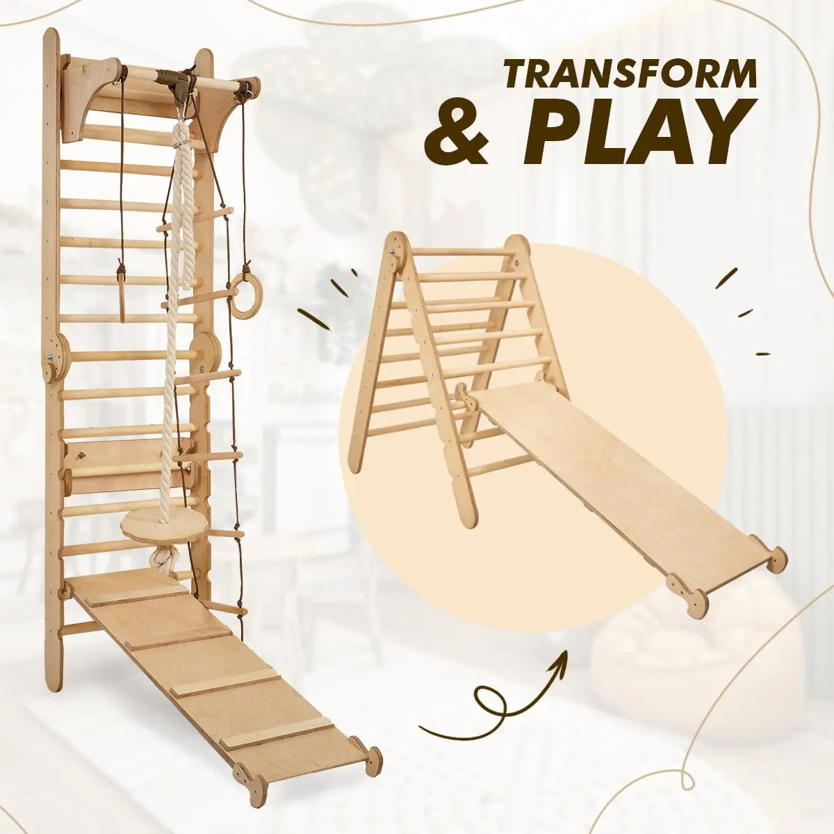 Houten Zweedse Muur / Klimladder voor kinderen + Schommelset + Glijplank + Kunst-uitbreiding.