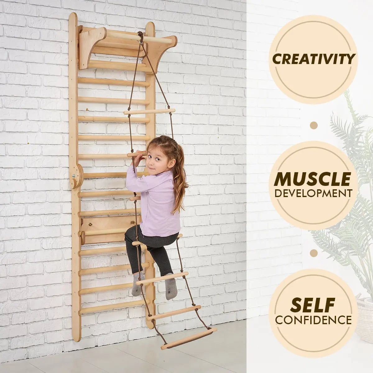 Houten Zweedse Muur / Klimladder voor kinderen + Schommelset + Glijplank + Kunst-uitbreiding.