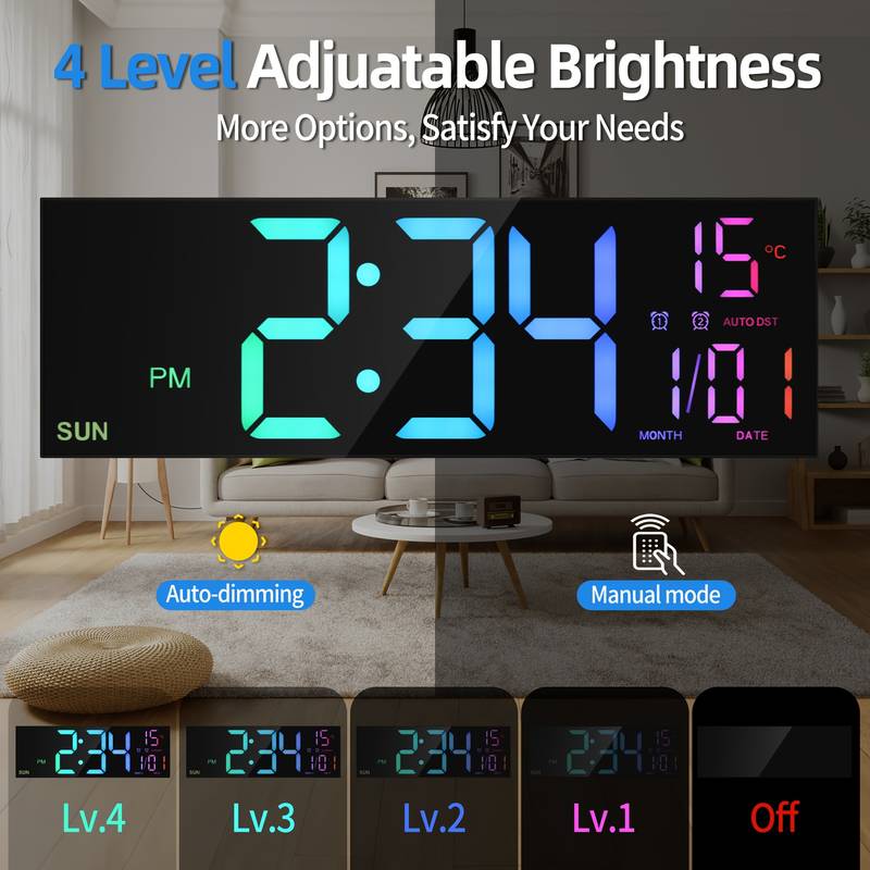 T- 🕒 16,5" Grote digitale wandklok – RGB LED, afstandsbediening en slimme functies! 🌈📅