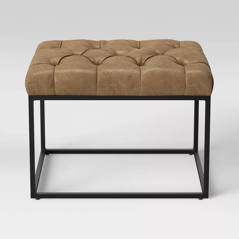 Pouf Trubeck con Base in Metallo Trapuntato in Similpelle Marrone