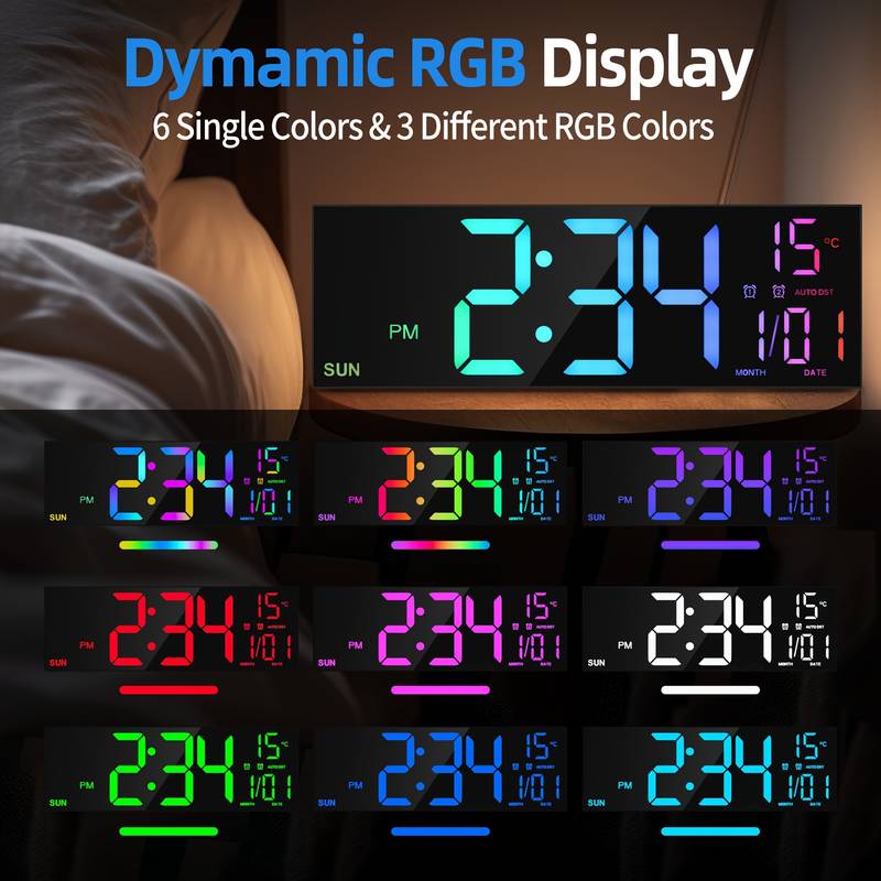 T- 🕒 16,5" Grote digitale wandklok – RGB LED, afstandsbediening en slimme functies! 🌈📅