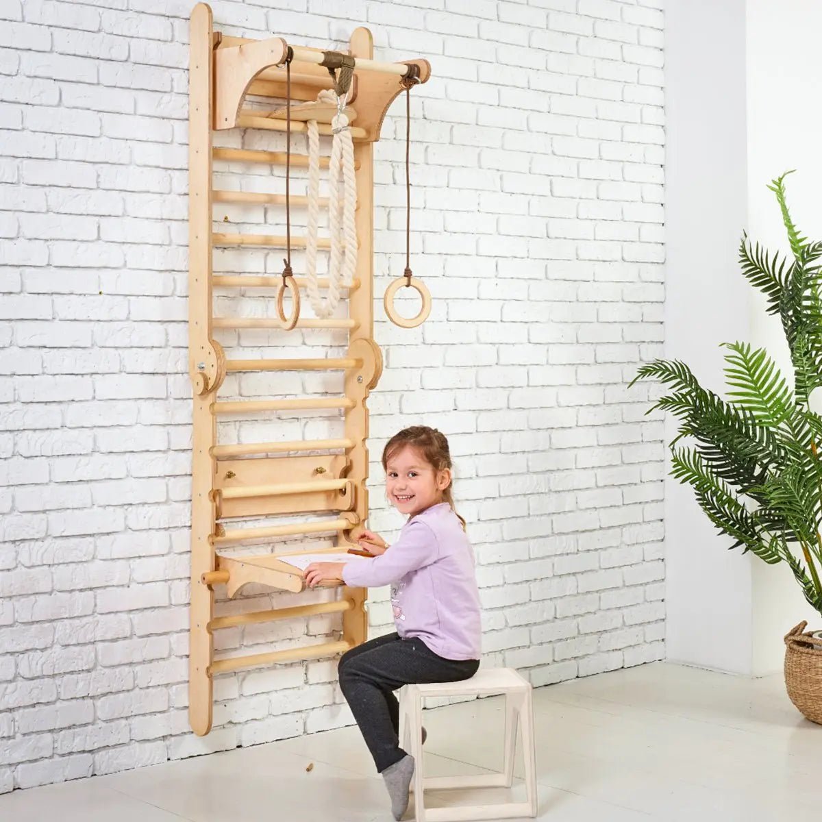 Houten Zweedse Muur / Klimladder voor kinderen + Schommelset + Glijplank + Kunst-uitbreiding.